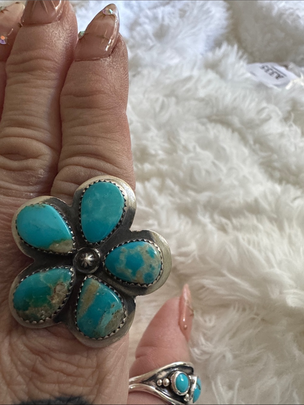 Kingman Turquoise native made Flower Sterling Ring - Statement Ring